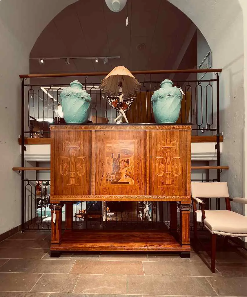 Intarsia wood, cabinet in Swedish Grace style, styled with art deco lamp and FERDINAND BOBERG vases from Baltic exhibition in Malmo 1914
