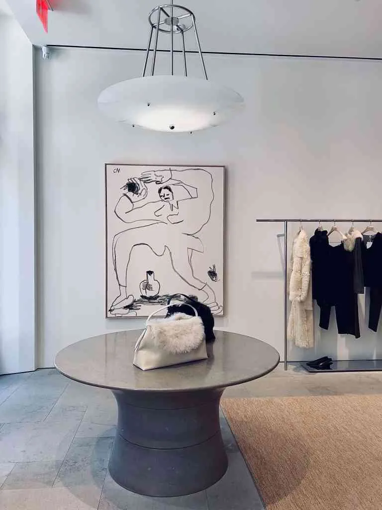 Grey round table and ceiling lamp centred above